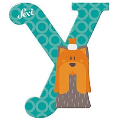 Sevi drewniana litera Y z wzorem psa, turkusowa i pomarańczowa, dekoracyjna litera do pokoju dziecięcego