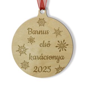 Baba első karácsonya névre szóló karácsonyfadísz fából, gravírozott egyedi dekoráció hópihe mintával gyereknek