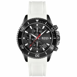 Hugo Boss Admiral HB 1513966 Herren Chronograph Uhr mit schwarzem Zifferblatt und weißem Silikonarmband - Hugo Boss