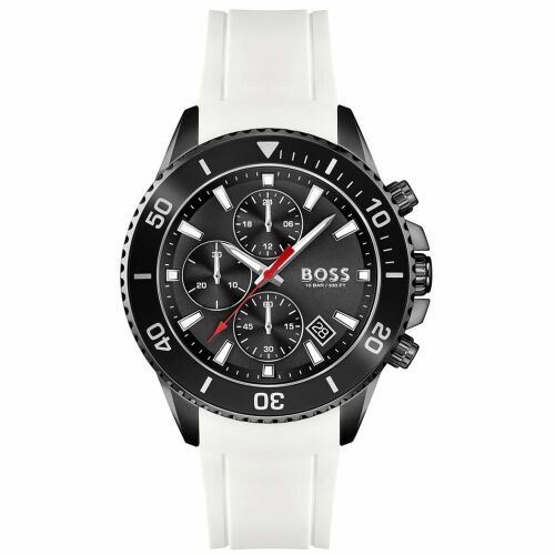 Hugo Boss Admiral HB 1513966 Herren Chronograph Uhr mit schwarzem Zifferblatt und weißem Silikonarmband