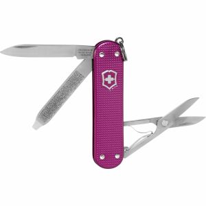 Victorinox Classic SD Alox Flamino Party rot svájci bicska nyitva, penge, körömreszelő és olló látható - Victorinox