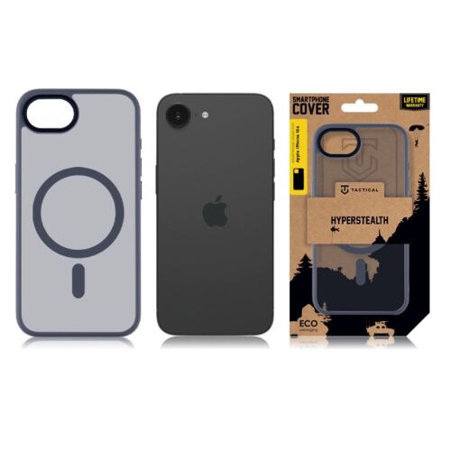 Tactical MagForce Hyperstealth iPhone 16e tok, átlátszó és sötétkék, csomagolás és telefon nézet - Telefontok