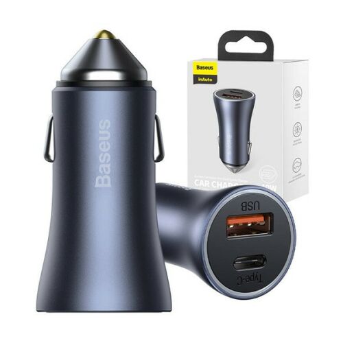 Baseus Golden Contactor Pro autós szivargyújtó töltő, USB-A + USB-C, QC4.0, PD, SCP, 40W, szürke