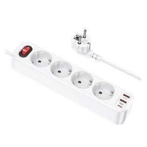 Hoco Aura NS1 power strip 4-bit elosztó aljzat + 2xUSB-AQC3.0 18W + USB-C PD 20W, fehér 142452369 - Elosztó