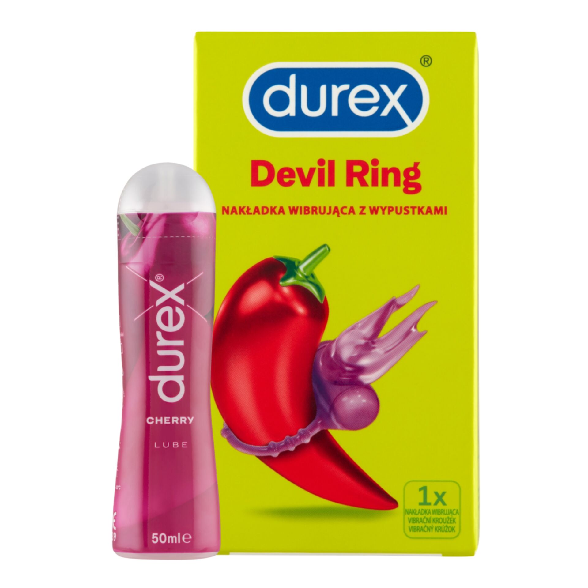 E-shop Vibračný krúžok Durex Little Devil a balenie lubrikačného gélu Du...