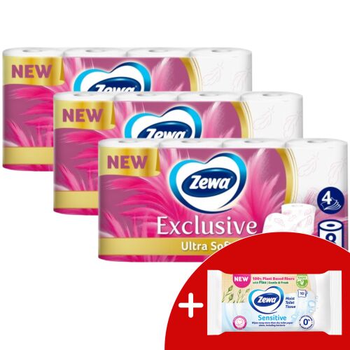 Zewa Exclusive Ultra Soft papier toaletowy, 3x8 rolek, plus darmowe chusteczki nawilżane