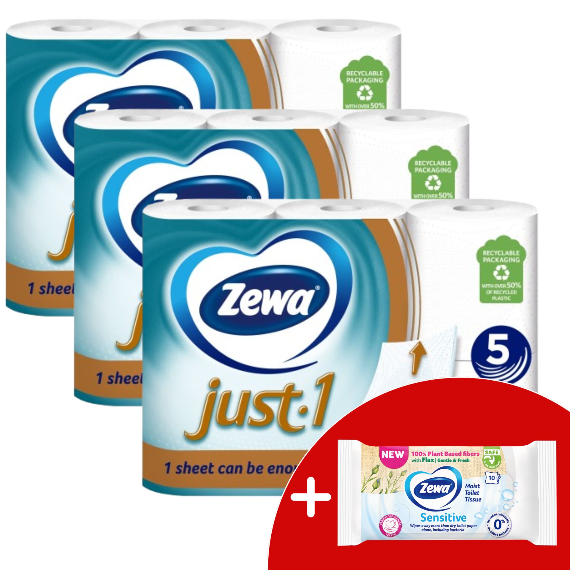 E-shop Zewa Just1 5-vrstvový toaletný papier 3x6 roliek + darčekový vlhč...