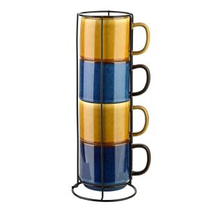 EVIE 4 darabos bögre készlet állvánnyal, kék és sárga porcelán bögrék - Teáscsésze