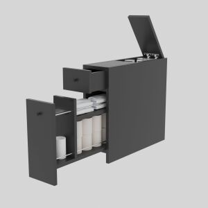 Kupaonski ormarić Calencia Antracit s otvorenim ladicama, prikazuje prostor za pohranu na bijeloj pozadini - Kupaonski ormarić