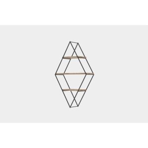 Prizma zidna polica u obliku dijamanta s crnim metalnim okvirom i tri drvene police - Dječji i mladenački namještaj