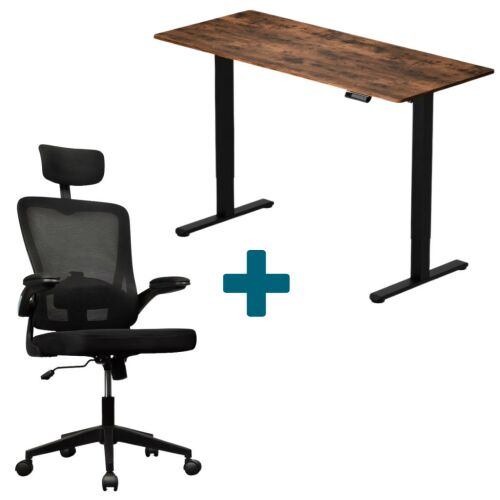 LVN System Lite elektromos asztal + forgószék szett | Barna-fekete 140x60cm elektromosan állítható magasságú íróasztal + fekete forgószék 142522989