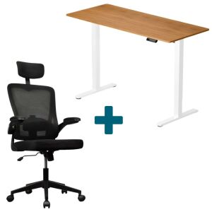 LVN System Lite elektromos asztal + forgószék szett | Aranytölgy-fehér 140x60cm elektromosan állítható magasságú íróasztal + fekete forgószék