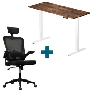 LVN System Lite elektromos asztal + forgószék szett | Barna-fehér 140x60cm elektromosan állítható magasságú íróasztal + fekete forgószék