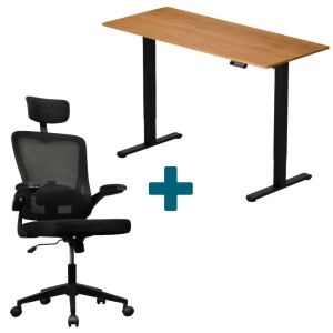 LVN System Lite elektromos asztal + forgószék szett | Tölgy-fekete 140x60cm elektromosan állítható magasságú íróasztal + fekete forgószék