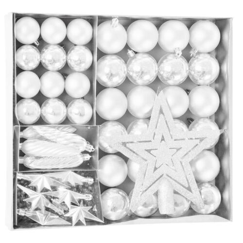 MagicHome karácsonyi gömbök, készlet, 50 db, 4-5 cm, fehér, csillag, füzér, toboz, karácsonyfára