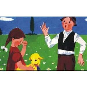 Ilustrație din basmul maghiar "Mielul cu lână de aur" care arată o fată care plânge și un băiat care ține un miel de aur - Filme diapozitive