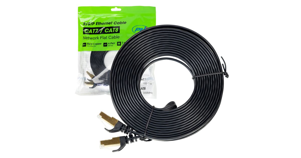 PNI Cavo Di Rete Piatto CAT7 S/STP – 20 M – 10 Gbps 600 MHz – 32AWG Rame – Nero