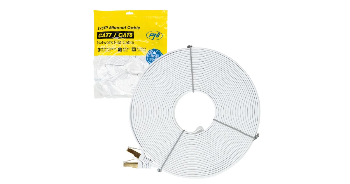 Platte netwerkkabel S/STP CAT7 PNI U7200B, 2 x RJ45, 4 aderparen, 32AWG, koper, 10 Gbps, 600 MHz, 20m, zwart