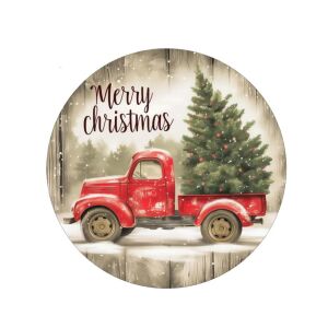 Nyomtatott fa tábla koszorú közép - Autós karácsonyi 11,8cm