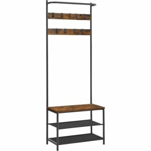Cuier cu 2 rafturi pentru incaltaminte, Artool, banca, pal, otel, poliester Oxford, maro rustic si negru, 64x32.2x180 cm 142579254 - Umerașe