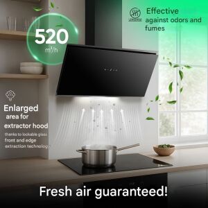 Bomann 80cm fekete dekoratív fali páraelszívó modern konyhai környezetben, 520 m³/h elszívási sebesség - Bomann