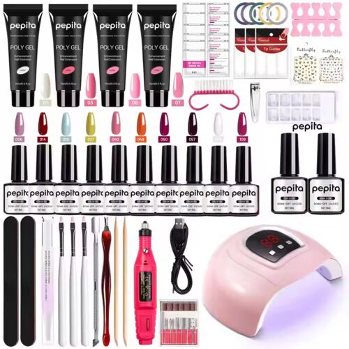 Pepita nail kit for beginners - gel polish, poly gel, UV/LED lamp, nail grinder, decorative elements   142591806