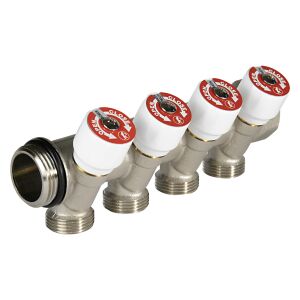 Moduláris elosztó Giacomini R585CSX144, 4 kimenet, elzárócsapokkal, 1” x 3/4”E, nikkelezett sárgaréz 142607173 - Giacomini