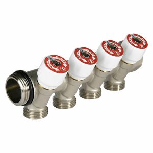 Distribuitor modular Giacomini R585CSX124, 4 iesiri, cu robinete de inchidere, 3/4” x 3/4”E, alama nichelata 142607256 - Racord de apă, gaz și încălzire