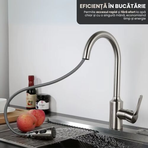 Többfunkciós prémium konyhai akkumulátor, magas cső, kihúzható zuhanycsaptelep, 3 mód állítható vízsugár, behúzható fej, korrózióálló, fedélzeti telepítés, modern ergonómikus kialakítás, króm rozsdamentes acél
