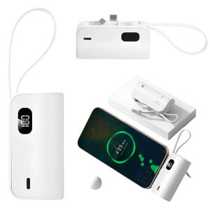 Univerzális hordozható Powerbank 3 USB-C, USB-A és Lightning csatlakozóval, új modell, külső akkumulátor, külső akkumulátor, kiterjesztett kompatibilitás, okostelefon, tablet, power anywhere, gyors töltés, szilikon, kompakt, fehér