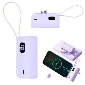 Univerzális hordozható Powerbank 3 USB-C, USB-A és Lightning csatlakozóval, új modell, külső akkumulátor, külső akkumulátor, kiterjesztett kompatibilitás, okostelefon, tablet, power anywhere, gyors töltés, szilikon, kompakt, Lila