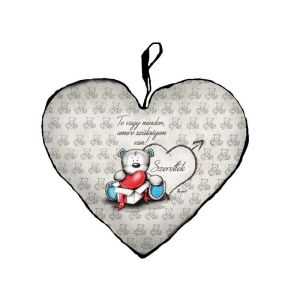 Szív alakú díszpárna macival és 'Te vagy minden' szerelmes üzenettel - Díszpárna