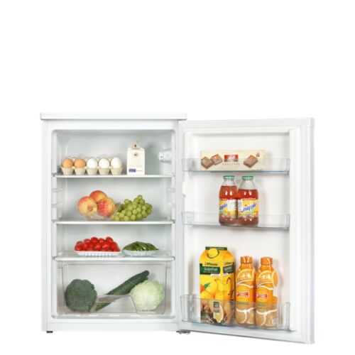 VIVAX TTL-131E egyajtós hűtőszekrény élelmiszerrel megtöltve.