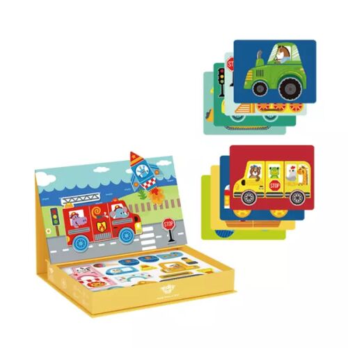 Tooky Toy Magnetické Puzzle Vozidlá otvorená krabica s príkladmi kariet vozidiel