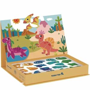 Cutie puzzle magnetică cu dinozauri Tooky Toy, deschisă cu piese de puzzle și fundal - Puzzle