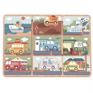 Drewniana układanka labirynt z pojazdami Tooky Toy przedstawiająca łódź, wywrotkę, samolot, autobus szkolny, radiowóz, śmieciarkę, wóz strażacki, karetkę pogotowia i taksówkę. - Gra logiczna