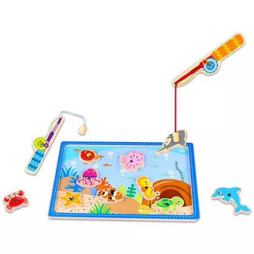 Tooky Toy Mágneses fa horgász játék horgászbotokkal és fa tengeri lényekkel