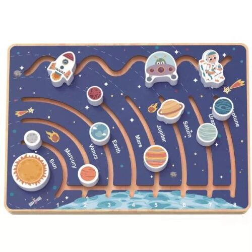 Tooky Toy Labirint Spațial. Jucărie educativă din lemn pentru copii, pentru a învăța despre planete și explorarea spațiului.
