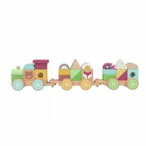 Set tren din lemn Tooky Toy cu 22 de blocuri de construcție colorate, o jucărie distractivă și educativă pentru copii - Tren, element feroviar, autostradă