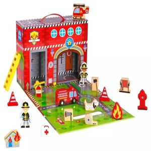 Set de joacă stație de pompieri din lemn Tooky Toy cu camion de pompieri, elicopter, pompieri și accesorii - Jocuri creative și de construcție