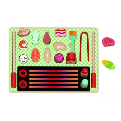 Дървен комплект за игра на грил Tooky Toy с аксесоари, играчки за храна за деца