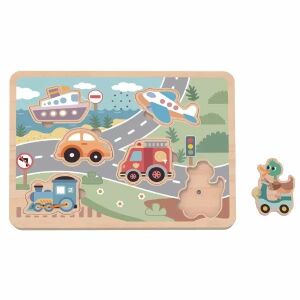 Puzzle din lemn cu vehicule Tooky Toy cu efecte sonore pentru învățare timpurie - Jocuri de sortare a formelor