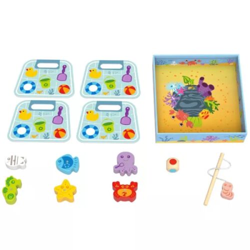 Set de joc de pescuit magnetic Tooky Toy cu undiță, tablă de joc și creaturi marine colorate din lemn