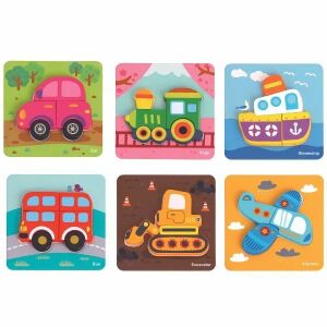 Tooky Toy 6 v 1 Mini Drevené Tvarové Puzzle - Vozidlá. Vzdelávacia hračka s tvarmi auta, vlaku, lode, autobusu, bagra a lietadla. - Puzzle pre bábätká