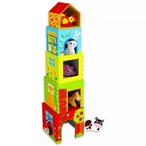 Turn Tooky Toy Ferma cu animale de fermă - Joc de construcție din lemn