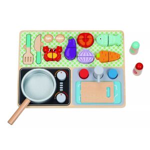 Set de joacă de bucătărie din lemn Tooky Toy cu accesorii: aragaz, chiuvetă, tocător și piese de mâncare. - Jucarii si ustensile de bucătărie