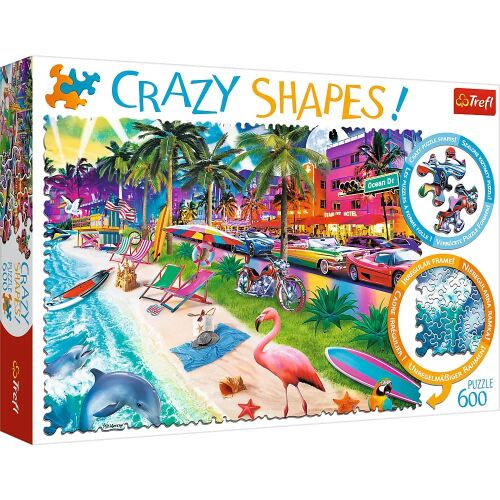 Trefl Crazy Shapes Miami Beach 600 darabos puzzle. Kirakós játék egy élénk Miami tengerparti jelenettel, delfinekkel, flamingókkal és klasszikus autókkal.