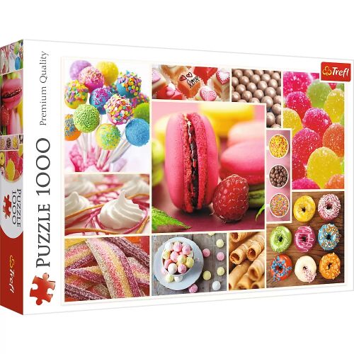 Trefl 1000 darabos Candyland puzzle doboz. Kirakós játék színes cukorkákkal és édességekkel.