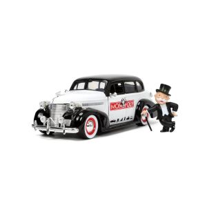 JADA 1939-ES CHEVROLET MASTER DELUXE ÖNTÖTT AUTÓKÉSZLET 1:24 MÉRETARÁNYÚ ÉS MR MONOPOLY FIGURA