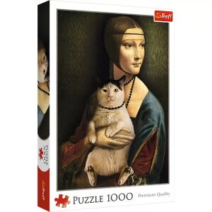 Trefl 1000 darabos puzzle doboz, amely a 'Hölgy hermelinnel' festmény paródiáját ábrázolja, macskával a hermelin helyett. - Puzzle & Kirakó